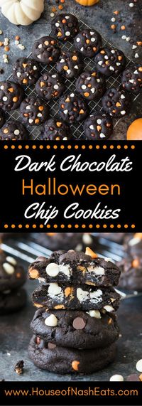 Dark Chocolate Halloween Chip Cookies have a super soft and black-as-night dark chocolate cookie base that is studded with sweet white chocolate chips and creamy peanut butter chips for a frighteningly delicious treat!