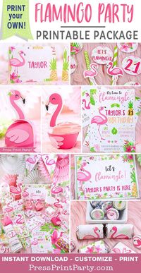 FLAMINGO PARTY PACKAGE: Plan the perfect tropical pink flamingo birthday, baby shower or bridal shower with these easy to use printables. Flamingo and pineapple Invitation, decorations, favor boxes, banners etc.. All is included to make your DIY flamingo