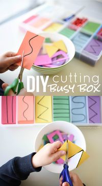 Cutting Busy Box for Toddlers & Preschoolers! Developing important Scissor Skills with these simple tips & tricks! www.acraftyliving.com