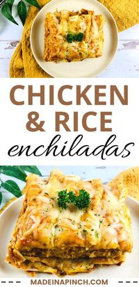 These easy Chicken And Rice Enchiladas make the best Mexican dinner - that the whole family will love! They’re stuffed with shredded chicken, Spanish rice, and cheese then topped with a super easy red enchilada sauce and baked. This homemade dish is an all-time family favorite that’s great for easy weeknight meals (and gives you two meals for the time it takes to make one!). #chicken #enchiladas #chickenenchiladas 