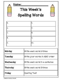 This includes 4 nights of homework:Write 3 times eachWrite in ABC orderWrite 5 times eachWrite each word in a sentenceAlso includes a "Spelling Test" sheet and a weekly homework sheet that tells the nightly homework assignment.My thought behind the "This Week's Spelling Words" pages would be that th...