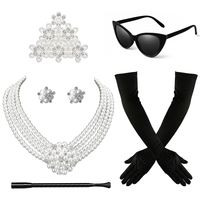 PRICES MAY VARY. ☕️6 Pack tiffany costume set: 1*multilayer pearl necklace with flower pendant,1 pair*silver stud earrings,1*pearl tiara comb,1*black cat eye sunglasses,1 pair*black gloves and 1*long extendable cigarette holder🎁Packed with a exquisite blue box 📿 4 strand audrey hepburn pearl necklace with flower pendant circumference: 15″; 🌸tiffany's earrings material:crystal flower and alloy shaped as flower 🕶Matte Black Sunglasses: made of high-quality lightweight plastic and hide metal hi