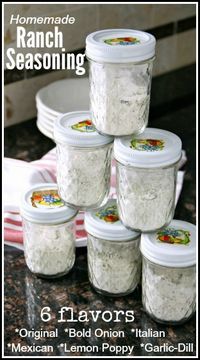 Homemade Ranch Seasoning Mix recipe in 6 flavors, Original, Mexican, Italian, Bold Onion, Lemon Poppy, and Garlic Dill. Great homemade Christmas or holiday gift! snappygourmet.com