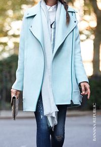 Love this oversized moto-inspired statement coat in a striking, feminine shade of mint green. Gunmetal trim. Asymmetrical zippers. Cocoon shape. A must-have for fall. Shop now.