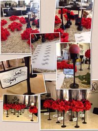 Diy wedding centerpieces black & red using tea light stands foam balls and silk flowers.