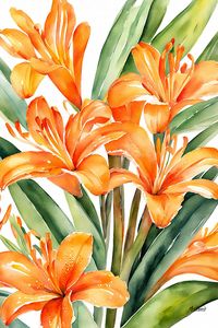 The Clivia, a South African native, is renowned for its vibrant orange blooms that brighten any space with their tropical allure. This watercolour-inspired art print captures the essence of these stunning flowers, allowing you to bring a piece of nature's beauty into your home and create a captivating focal point that will inspire and uplift.