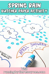 Spring Butcher Paper Activities are among the most popular Spring Activities for preschool students. Easily differentiate with addition and subtraction facts in the clouds. All you need is paper and markers to prep this activity. Visit runningturtleresources.com for more easy spring ideas! #butcherpaperactivities #springactivitiespreschool #preschoolideas