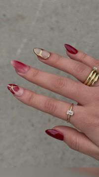 autumn nails, funky fall nails, transitional nails, september october gel nails 2024, gold nails design, nail art aesthetic, fall nails inspo, short almond nail ideas, dark red trendy nails