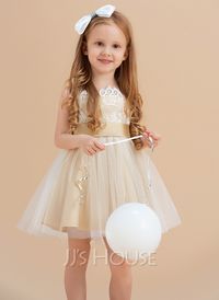 A-line Knee-Length Lace/Tulle Flower Girl Dress (010095012)