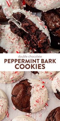 These peppermint bark cookies have a double chocolate cookie base, dipped in white chocolate, and sprinkled with peppermint candies. Think of it as a combination of gooey double chocolate cookies and the traditional peppermint bark squares.