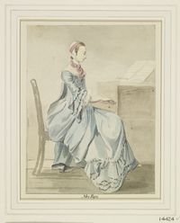 A pencil and watercolour drawing of a seated female figure playing a spinet, wearing a blue flounced and frilled dress, a cap with crimson ribbon and a rolled scarf around her neck. Inscribed below on the modern mount, probably copied from an earlier one, Mrs Eyre. A red chalk drawing in the Huntington Library (59.55.1144) is another version of the same drawing. Oppé has suggested that this is the same sitter as in RCIN 914378.