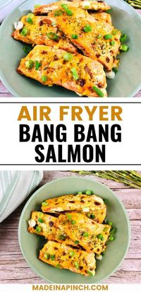 Air Fryer Bang Bang Salmon is cooked to perfection in the air fryer and uses only a handful of simple ingredients to make bang bang sauce that adds the ideal blend of sweet and spicy. Bang Bang Salmon will become your family's brand new favorite quick and easy weeknight dinner! #salmon #fish #airfryer