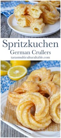 A recipe for Spritzkuchen (German Crullers)- Tara's Multicultural Table- Piped circled of dough are fried until light and golden, then coated in a sweet glaze. 