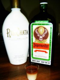 Shit in the Snow. 3/4 Rum chata & 1/4 Jager Pour Rum Chata first then slowly add Jager, let it settle for a few seconds. Makes a cinnamon/caramel mixture Best Shot Ever