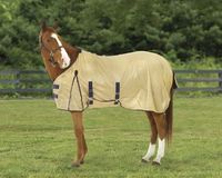 The Equi-Essentials Soft Mesh Fly Sheet in super-soft mesh has a belly band that offers coverage for one of your horse's most sensitive areas. Fleece withers help prevent hair rubs. Double buckle front closure, T-lock surcingle closures, adjustable and removable leg straps and a tail flap prevent the sheet from slipping. Shoulder gussets promote freedom of motion. Imported.