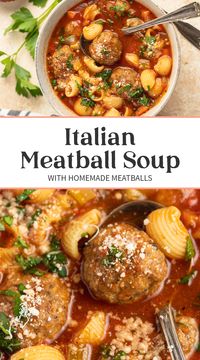 Incredible Italian meatball soup takes homemade Italian meatballs and combines them with tender pasta, fresh veggies, and a flavorful tomato broth for a hearty, satisfying soup that's super easy to make. Great for cooler weather and busy evenings.