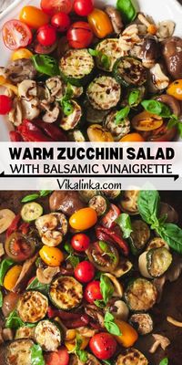 Warm zucchini salad loaded with grilled red peppers, mushrooms, cherry tomatoes and fresh basil, dressed in a balsamic vinaigrette absolutely deserves your attention. I promise you will fall in love!