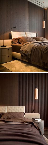 In this modern bedroom, dark wood has been used as an accent wall behind the bed, while a single copper light hangs beside the bed. #AccentWall #ModernBedroom