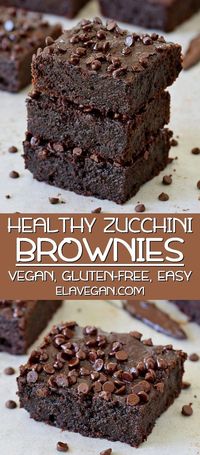 Vegan zucchini brownies which are soft, moist, gooey, fudgy, and very chocolaty! The recipe is plant-based, gluten-free, easy to make, and delicious! Enjoy this vegan chocolate cake with your family and friends. Kids will love this healthy chocolate dessert. #veganbrownies #glutenfreebrownies #brownies #zucchinibrownies #elasrecipes | elavegan.com