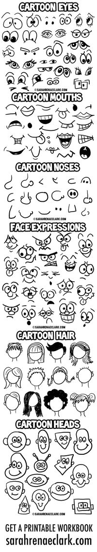 How to draw cartoon faces: free resources by http://sarahrenaeclark.com | Learn to draw your own cartoon characters | Cartoon eyes, cartoon noses, cartoon faces, cartoon heads, cartoon mouths, Cartoon hair | Design reference for drawing faces | Character  (Cool Diy Paintings)