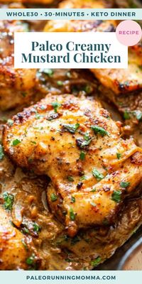 This creamy mustard chicken is made with flavorful boneless chicken thighs, garlic, onions, and a creamy, super tasty dairy free sauce. It’s paleo, Whole30 and keto friendly, super simple and fast to prepare! Dinner ready in just 30 minutes.