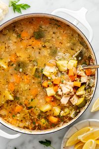 This Lemony Chicken & Vegetable Soup has become our family's new feel-good meal. Bright, flavorful, filling, full of protein from cooked chicken + rocking 5(!) different vegetables (onion, carrots, celery, zucchini + frozen riced cauliflower). Made on the stovetop in one pot in under 30 minutes, it is such a comforting dinner that warms you up from the inside out.