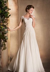 Scoop-Neck Cap-Sleeve Chiffon Dress With Ruching And Appliques – Ms. Grace