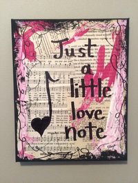 "Music teacher, Elexa, of Lexicon of Love hand creates each piece in the shop in Atlanta. \"Just a little love note\" is romance and Valentine's Day. A perfect gift for your boyfriend or girlfriend who love music! The original painting shown in the pictures is on canvas and uses sheet music, vintage book pages, acrylic paints, and black sharpie. THIS LISTING IS FOR AN ART PRINT OF THIS PAINTING ON LASER PRINT 32 lbs. PAPER. This original art print measures 8x10 inches and is simple to frame. Prints are packaged in clear sealed wrapping against a hard black card stock with a small artist biography card. Each art piece is personally printed by Elexa on 32 lbs laser print paper and handcut to 8x10 inches for easy matting and framing. You also have the option of buying an 8x10 inches canvas ve