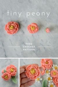 free crochet flower pattern - This pattern includes instructions for making 2 different peonies, a flower bud, and a leaf. You'll just need some dk weight yarn scraps and a 2.75 mm crochet hook to create your own tiny peony bouquet.