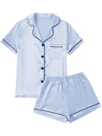 PRICES MAY VARY. Material: Pajama set is made of Premium 95%Polyester+5%Spandex satin fabric.Ultra soft silk pajamas for women, lightweight and Skin-friendly. Features: 2 Piece Pajama Set featuring classic sleepwear style.Short sleeve sleepwear with notch collar,button front pajamas shirt and one chest pocket design. Pajama shorts for women with soft elastic waist that fits for any body size and makes relaxing as comfort as possible. Match: Casual nightwear but in fashion way! You really need pa