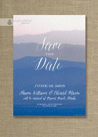 Blue Watercolor Save The Date Card Beach Ocean Wedding on with a cotton Textured Paper pattern by digibuddhaPaperie, $20.00