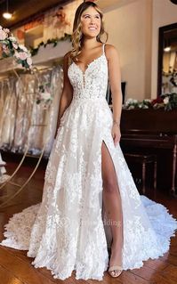 Lace Spaghetti Front Split A-line Applique Wedding Dress - Dorris Wedding