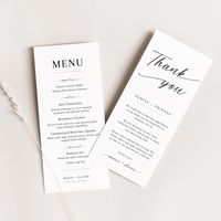 This Minimalist Wedding Menu and Thank You Card template features a minimalist design that matches a variety of wedding styles and can be printed double sided. This template is easy to edit using the free online editing platform Corjl, with no software or fonts to download.  PLEASE NOTE - This is a digital product; no physical items will be shipped. Please allow up to 15 minutes for your template link to arrive via email from Corjl. Once you've received your link, you can access and customize yo