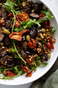 Za\'atar Roasted Eggplant Lentil Salad with Sundried Tomatoes