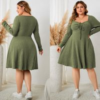 Plus Size Sweettheart Neck Knot Front A-Line Dress Women Fall New Vintage Long Sleeve Ribbed Knit Casual Winter Dresses