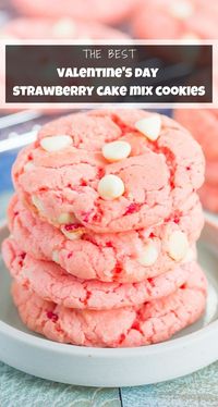 These Strawberry Cake Mix Cookies are soft, chewy, and made with just four ingredients. It's a one bowl dessert that's ready in no time and the perfect flavor combination of sweet strawberries and creamy white chocolate! #cakemixcookies #strawberrycookies #strawberrycakemixcookies #easycookies #cookies #dessert #valentinesdayrecipe #valentinesdaycookies