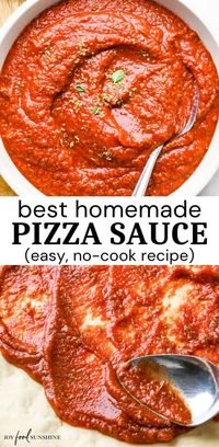 This easy Homemade Pizza Sauce Recipe is made in 5 minutes with 8 ingredients. This no-cook sauce is truly the best pizza sauce recipe ever - developed from my experience working in a Chicago pizzeria!