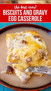 Biscuits and Gravy Egg Casserole. This delicious version of biscuits & gravy casserole is filled with eggs, cheese, sausage and is absolutely amazing!