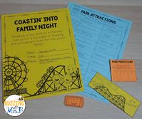 Looking for ideas for a family literacy night? Check out these eight amusement park themed stations complete with the materials you need for hands-on activities in reading, writing, listening, and speaking! There’s even a make-and-take word game activity, a partner play, writing activities, a fun food craft, and even more fun ways for parents and kids to interact around literacy. An editable flyer to invite parents to the event plus other editable materials are included! #familyliteracynight #