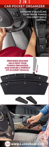 Lusso Gear car seat gap organizer effectively prevents dropped items, food and expensive “must haves” from falling between seat cracks, allowing you to keep your hands on the wheel, your eyes on the road and your family safe without worrying about replacing costly necessities. Discover more at Amazon or LussoGear.com #carorganizer