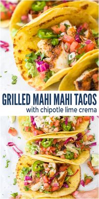 Flaky tender grilled fish seasoned with a smoky spice rub and topped with mashed avocado, smoky chipotle lime crema, pico de Gallo and cabbage slaw. These Mahi Mahi Tacos are a guaranteed crowd-pleaser and come together in just 30 minutes! #tacotuesday #fishtacos #grilledfish #tacorecipes #dinnerideas #easydinners