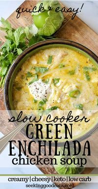 The best keto soup! Creamy green enchiladas chicken soup is so tasty and easy to make in the crockpot. Keto slow cooker Mexican soup is the perfect weeknight dinner recipe. Easily adapted Instant Pot recipe so you've got even more options. A perfect Mexican recipe for taco Tuesdays! A perfect keto slow cooker dinner idea! #keto #mexican #soup #tacotuesday #slowcooker #crockpot #lowcarb #sugarfree #seekinggoodeats #instantpot