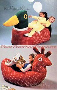 Offering a vintage digital PDF sewing pattern collection to create large, fun stuffed animal cushion seats for kids! Comfy to curl up in and sturdy enough for a bouncy ride, these ring-necked Mallard Duck and Red Hen jumbo cushion seats will become favorite friends :). Finished sizes are not mentioned in this retro pattern, but size can be imagined by comparing scale of children to finished projects in the photos. Easy, written step by step directions with gridded pattern pieces that will need t