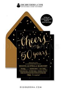 Cheers to 50 years! Elegant black and gold glitter anniversary party invitation with gold glitter lettering and confetti details. Choose from ready made printed invitations with envelopes or printable personal shower invitations. Gold shimmer envelopes and matching envelope liners also available. digibuddha.com