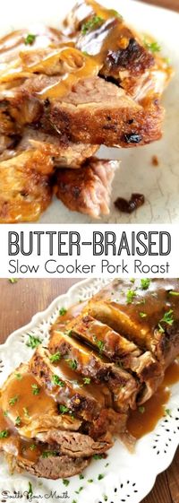 Butter-Braised Slow Cooker Pork Roast | A fork-tender pork loin drenched in sizzling butter seasoned with Cajun spices cooked to crispy perfection in the crock pot.