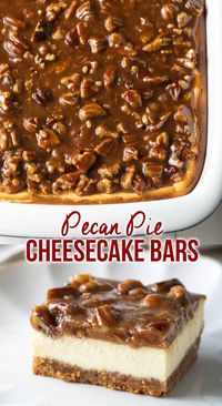 Pecan Pie Cheesecake (Bars or Cake!) - Gooey caramel Pecan Pie meets tangy classic Cheesecake in this fabulous dessert mashup! Try this easy recipe to make a luscious cake or handy bars for your next holiday party. #pecanpie #pecanpiecheesecake #cheesecakebars #pecanpiebars #holidaydesserts #holidaydessertrecipes #aspicyperspective