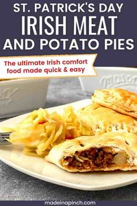 Irish Meat Pies! This traditional St. Patrick's day comfort food recipe is PACKED with flavor! Irish meat and potato pies are an entire meal all by themselves, and using pre-made pie crust makes this recipe quick and easy to prepare. Try making Irish meat hand pies to celebrate the holiday this year! #Irish #meatpie #meathandpie #stpatricksday #irishmeatandpotatopie | Made in A Pinch @madeinapinch