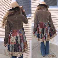 Bohemian style short jacket with added bottom in patchwork pattern with lace on hem.