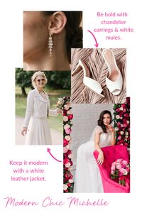 The romantic Michelle Gown is the perfect complementing contrast for a modern bride! Keep the rest of the look a bit edgy by choosing bold chandelier earrings and mules. A white leather jacket plays against the soft tulle in the best way possible! Be sure to check out our other gown styling boards, or visit our website Lookbooks for even more wedding gown and event styling inspiration!