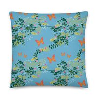 Awesome fresh Cottagecore themed blue vintage Mid Century Modern style sofa cushion / couch pillow entitled Butterfly Woods. This retro style couch pillow design consists of floral and butterfly woodland repeat pattern against a pale blue background. Makes for an gorgeous seaside palette to provide you with peacefulnes